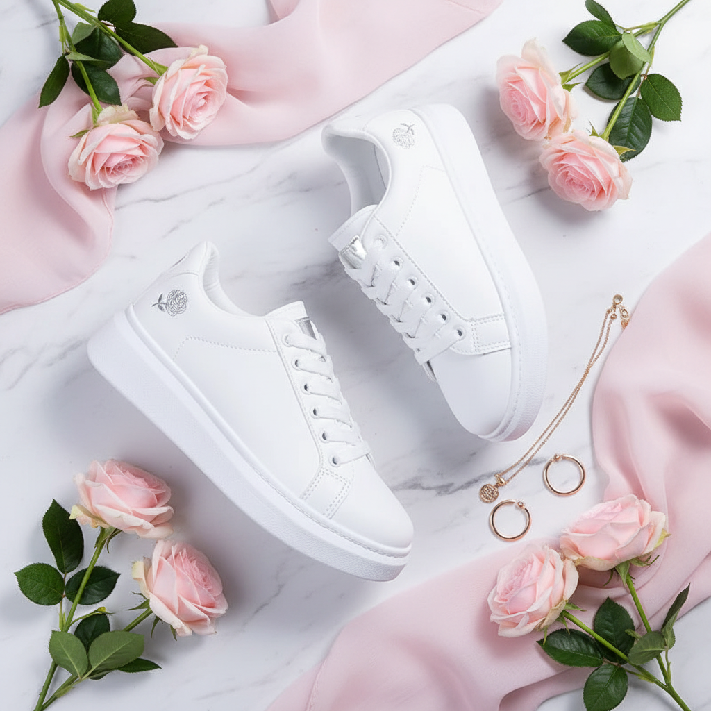 Sneakers brodées – flat lay roses