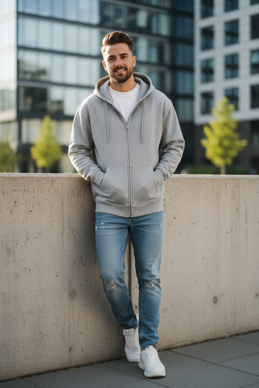 Sweat à capuche zippé – Gris clair réaliste